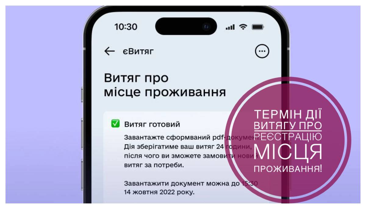 На скриншоті екрана смартфона з інтерфейсом застосунку «Дія» показано сповіщення про готовність витягу про місце проживання, а зверху накладено фіолетове кругле текстове вікно з написом «ТЕРМІН ДІЇ ВИТЯГУ ПРО РЕЄСТРАЦІЮ МІСЦЯ ПРОЖИВАННЯ!»
