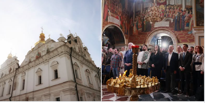 Зображення складається з двох частин: ліворуч показано величний білий фасад історичного храму з золотими банями під хмарним небом, а праворуч — групу людей, які офіційно стоять усередині цього собору на тлі релігійних розписів та великого свічника.