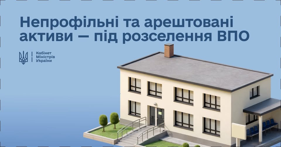 На зображенні представлено візуалізацію адміністративної будівлі на блакитному фоні, що супроводжується офіційним написом «Непрофільні та арештовані активи – під розселення ВПО» та символікою Кабінету Міністрів України, ілюструючи державну ініціативу використання конфіскованого майна для забезпечення житлом внутрішньо переміщених осіб