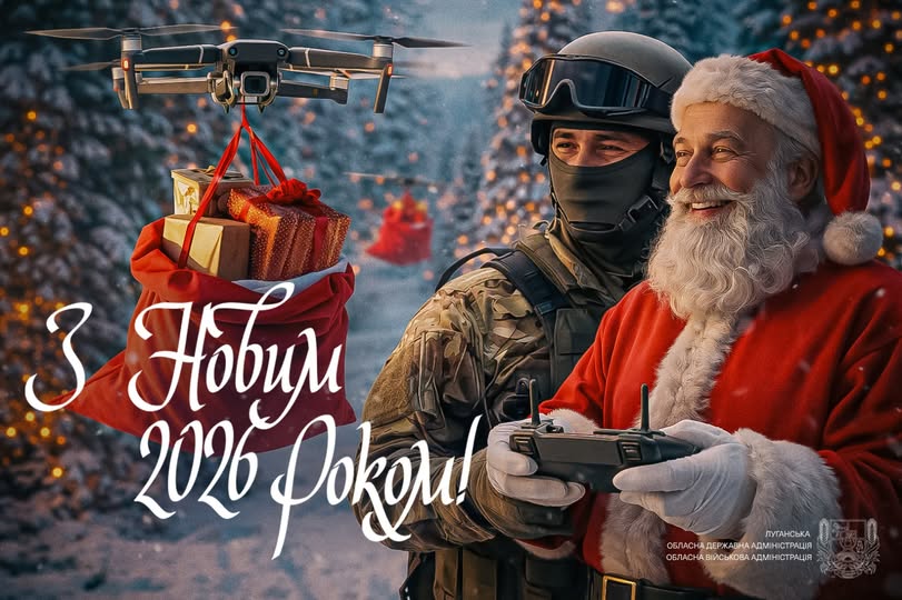 На фотографії зображено українського військовослужбовця у камуфляжі та шоломі разом із Дідом Морозом, які керують дроном, що доставляє подарунки в мішку на тлі засніженого лісу, а також міститься напис «З Новим 2026 Роком!» від Луганської обласної військової адміністрації