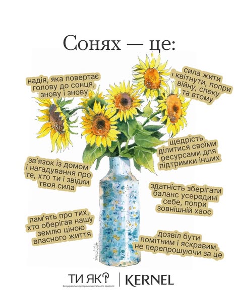 На малюнку зображено букет соняхів у блакитній вазі, оточений детальними текстовими описами в окремих блоках, які пояснюють символічне значення квітки як джерела надії, сили, пам'яті та інших позитивних якостей, з фінальним запитанням «ТИ ЯК?» та логотипом KERNEL унизу
