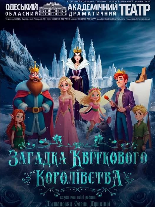 Яскравий театральний плакат від Одеського академічного драматичного театру рекламує виставу «Загадка Квіткового Королівства», зображуючи групу анімованих фентезійних персонажів, включаючи королівську родину, ельфів та мишу, на тлі казкового зимового замку