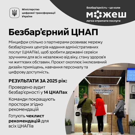 Інформаційний плакат від Міністерства цифрової трансформації України анонсує проєкт «Безбар’єрний ЦНАП», який має на меті зробити державні послуги доступними для всіх громадян незалежно від їхніх фізичних можливостей, віку чи життєвих обставин.