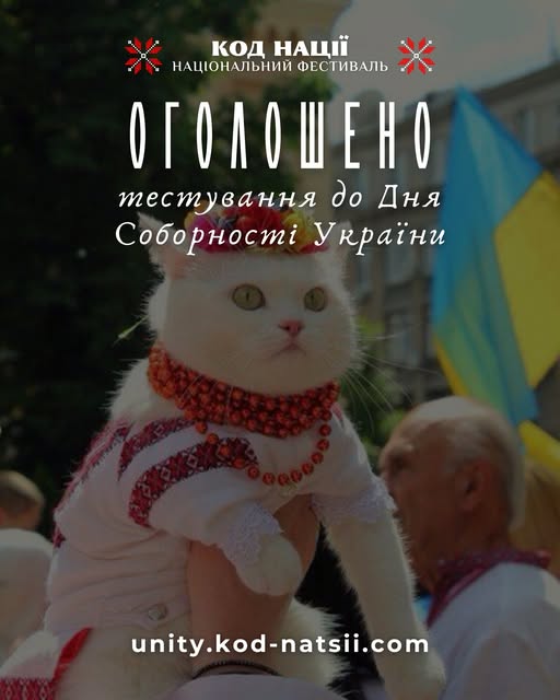 білий пухнастий кіт, одягнений у стилізовану українську вишиванку та намисто, знаходиться на руках у людини під час Національного фестивалю «Код нації», який оголосив тестування до Дня Соборності України.