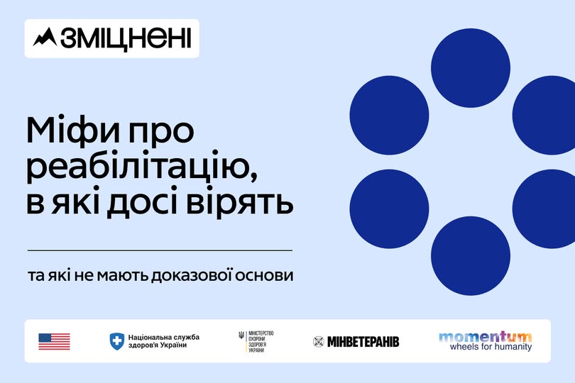 Інформаційний плакат містить текст «Міфи про реабілітацію, в які досі вірять та які не мають доказової основи», логотипи різних українських та міжнародних організацій-партнерів, а також графічне зображення синіх кіл