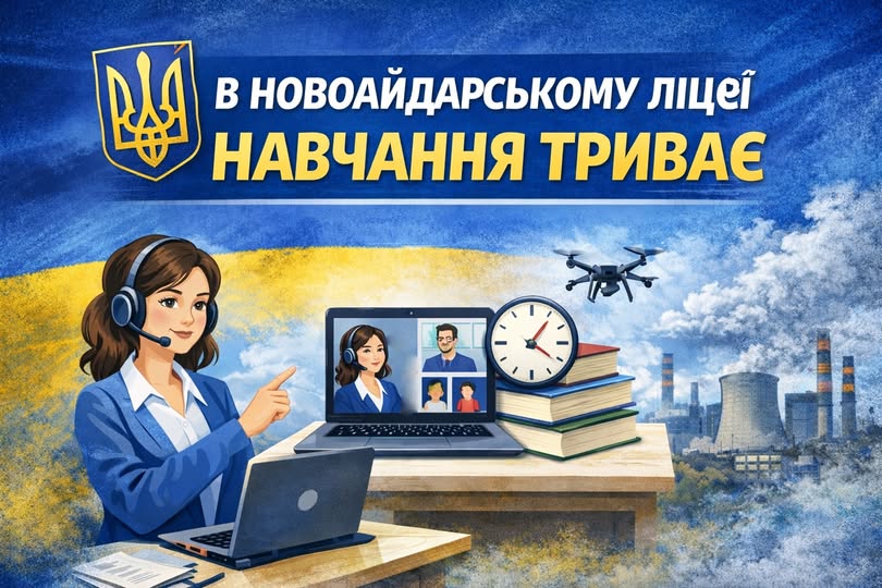 Ілюстрація дистанційного навчання у Новоайдарському ліцеї, що зображує вчительку за ноутбуком на відеоконференції, поруч із підручниками, годинником, дроном та індустріальним пейзажем на тлі українського прапора з написами про продовження навчання та безпеку.