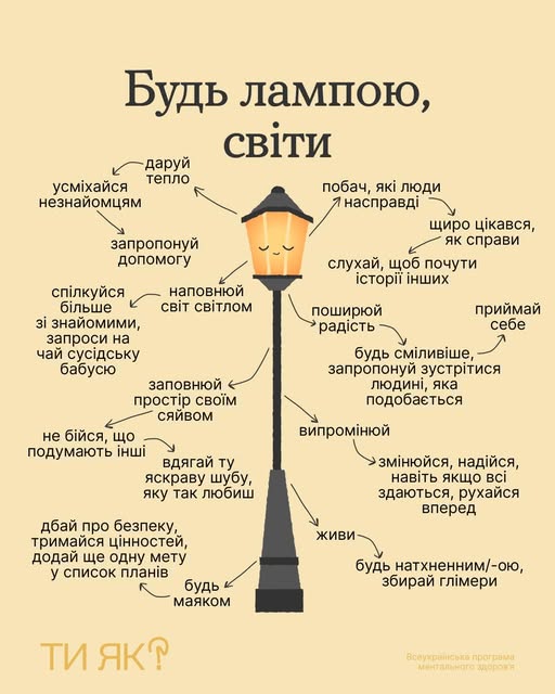 На зображенні схематично зображено ліхтар, від якого стрілками в різні боки відходять поради та заклики до позитивних дій та саморозвитку, об'єднані спільною ідеєю "Будь лампою, світи".