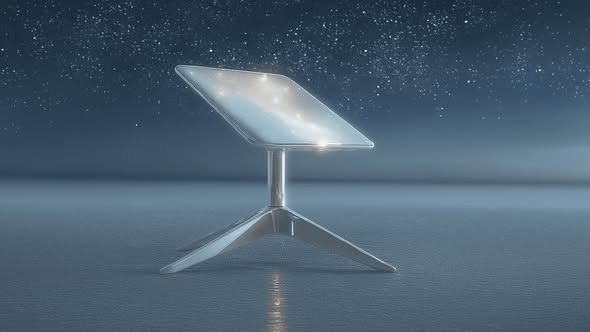 Зображення демонструє супутникову антену Starlink нового покоління, розташовану на відбиваючій поверхні під зоряним нічним небом