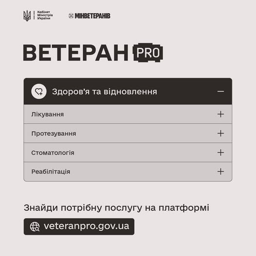 Зображення є інформаційним плакатом про державну онлайн-платформу «Ветеран Pro» від Міністерства у справах ветеранів України, яка надає послуги з лікування, протезування, стоматології та реабілітації