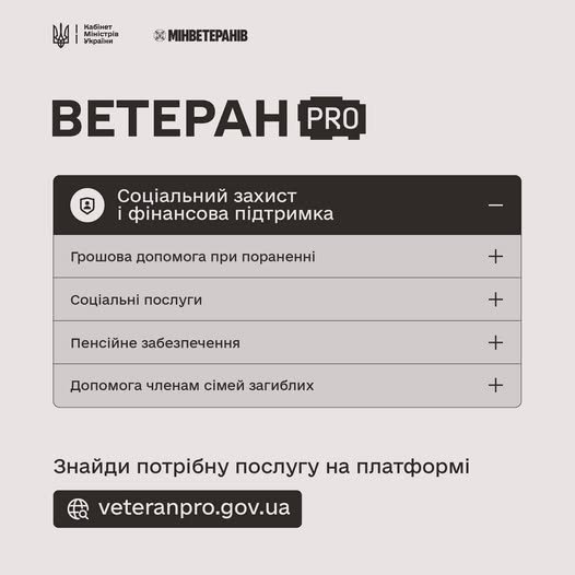 Зображення є інформаційною графікою від Міністерства у справах ветеранів України, яка рекламує онлайн-платформу "Ветеран PRO" та перелічує основні соціальні послуги, доступні ветеранам та членам їхніх сімей.