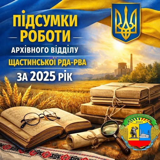 На зображенні з українською символікою та сільськогосподарським пейзажем представлені книги, окуляри та збільшувальне скло на вишитому рушнику, а також заголовок "Підсумки роботи архівного відділу Щастинської РДА-РВА за 2025 рік"
