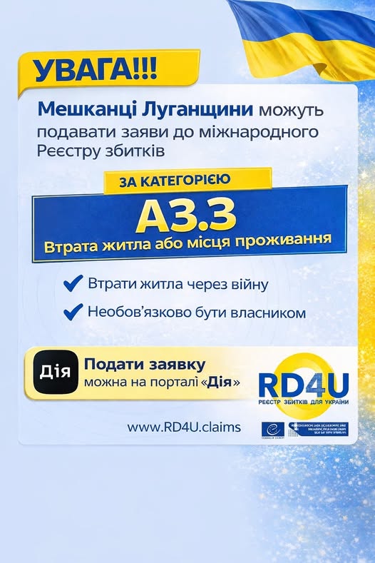Інфографіка для мешканців Луганщини про подання заяв до Міжнародного реєстру збитків за категорією А3.3 (втрата житла). Зазначено, що заявку можна подати через портал «Дія», а бути власником майна необов'язково.