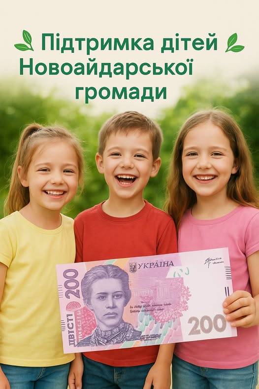 У верхній частині розміщено напис зеленим кольором: «Підтримка дітей Новоайдарської громади», доповнений символічними зображеннями зелених листків