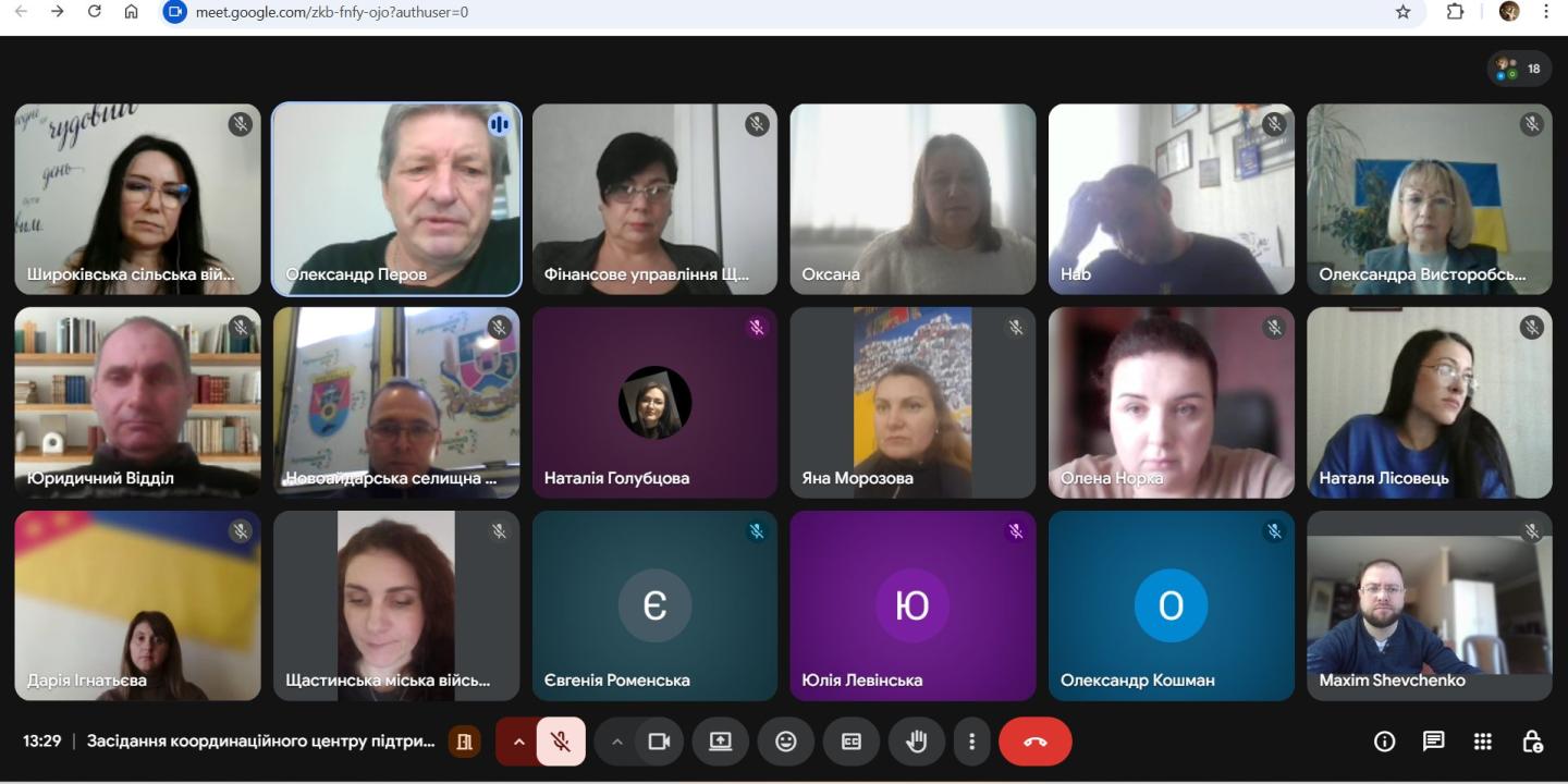 Скриншот онлайн-наради у Google Meet, де вісімнадцять учасників, серед яких представники Широківської, Щастинської та Новоайдарської громад, обговорюють робочі питання на засіданні координаційного центру