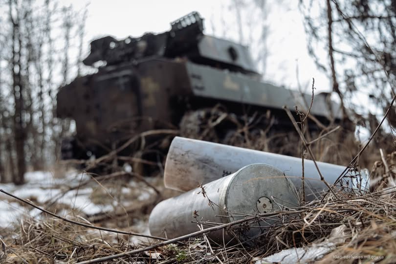 На передньому плані світлини крупним планом зображено дві великі металеві гільзи від артилерійських снарядів, що лежать серед сухої трави та залишків снігу. На задньому плані в розфокусі видно силует броньованої гусеничної машини Збройних Сил України, що стоїть серед голих дерев.
