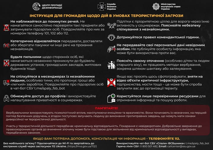 Ця інформаційна пам’ятка на темному фоні містить інструкції для громадян щодо дій в умовах терористичної загрози від Центру протидії дезінформації, СБУ та МВС України. У тексті наведено одинадцять ключових правил безпеки, як-от заборона наближатися до покинутих речей, важливість дотримання комендантської години та захист персональних даних у мережі. Візуально пам’ятка структурована за допомогою лаконічних іконок поруч із кожним пунктом, що допомагає швидко сприймати критично важливу інформацію 