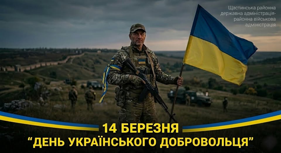 На банері зображено українського воїна-добровольця у повному спорядженні, який впевнено стоїть на пагорбі, тримаючи в одній руці автомат, а в іншій — великий синьо-жовтий прапор. На задньому плані видно безкраї українські простори з польовою дорогою та іншими військовими, а знизу розміщено урочистий напис «14 БЕРЕЗНЯ “ДЕНЬ УКРАЇНСЬКОГО ДОБРОВОЛЬЦЯ”»