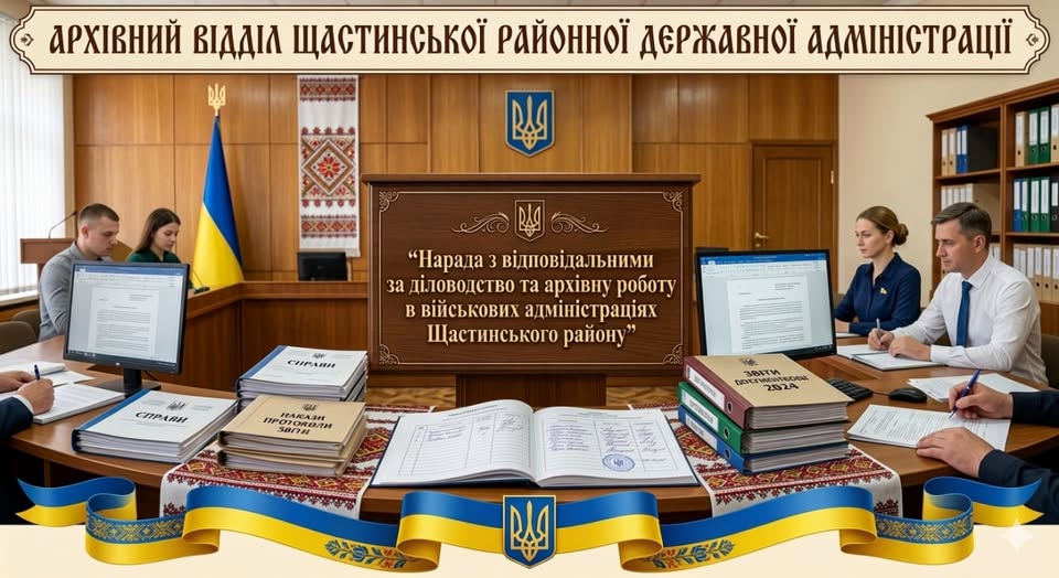 Колажне зображення демонструє робочу нараду архівного відділу Щастинської РДА з військовими адміністраціями району, де посадовці за круглим столом із державною символікою та стосами паперових справ обговорюють питання діловодства та архівної роботи