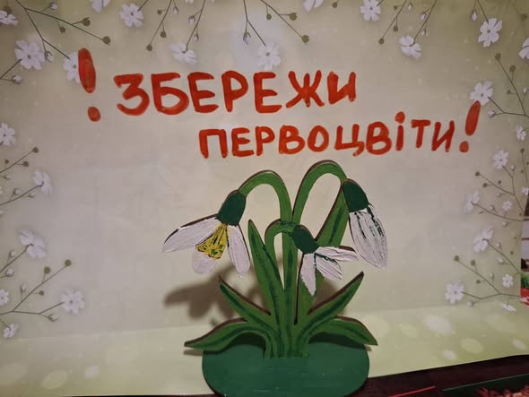 На світлині зображено саморобну паперову композицію із закликом «Збережи первоцвіти!», де в центрі розміщено об’ємну фігуру підсніжників на тлі світлої листівки з ніжними білими квітам