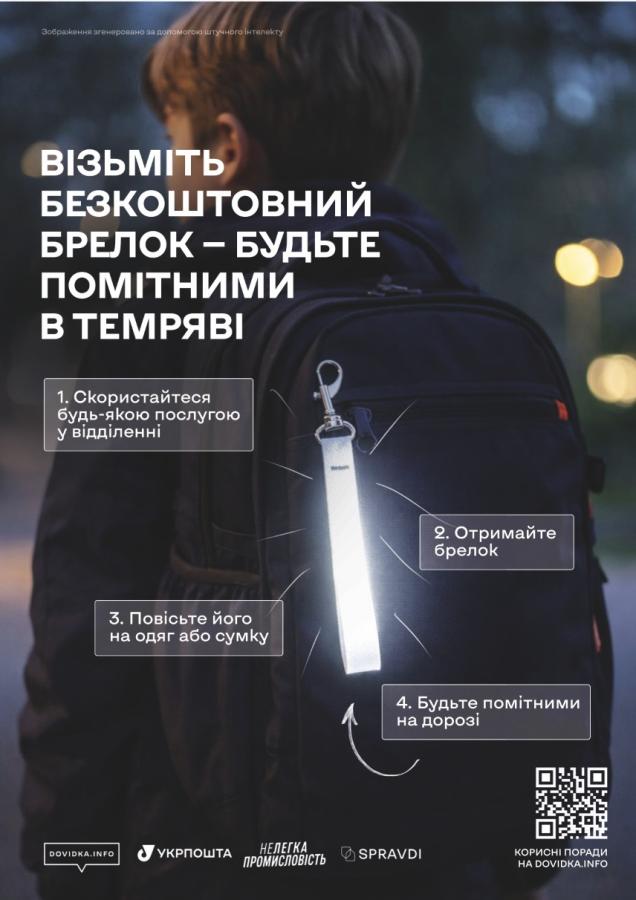 Ця інформаційна картка від Укрпошти та партнерів закликає подбати про безпеку на дорозі, пропонуючи алгоритм отримання безкоштовного світловідбивального брелока у відділеннях поштового зв'язку для кріплення на одяг чи рюкзак