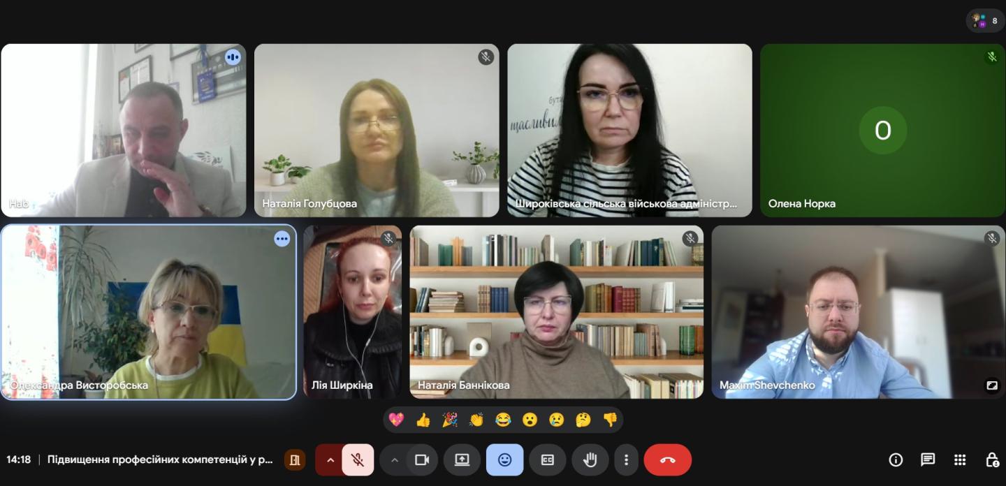 Скриншот віртуальної зустрічі в Google Meet, де вісім учасників, включно з представниками Широківської сільської військової адміністрації, проводять онлайн-нараду на тему підвищення професійних компетенцій, перебуваючи в різних кабінетах та домашніх офісах