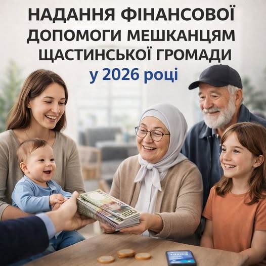 Інформаційний банер про надання фінансової допомоги мешканцям Щастинської громади у 2026 році. На фото зображена щаслива родина трьох поколінь, яка отримує пачку грошей.