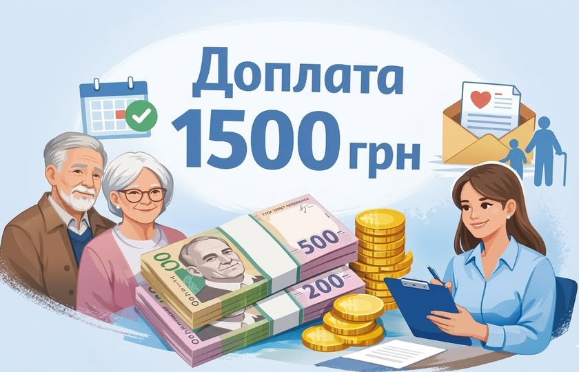Інформаційна ілюстрація повідомляє про доплату в розмірі 1500 грн, зображуючи усміхнену літню пару, пачки гривневих купюр, монети та соціальну працівницю, яка оформлює документи.
