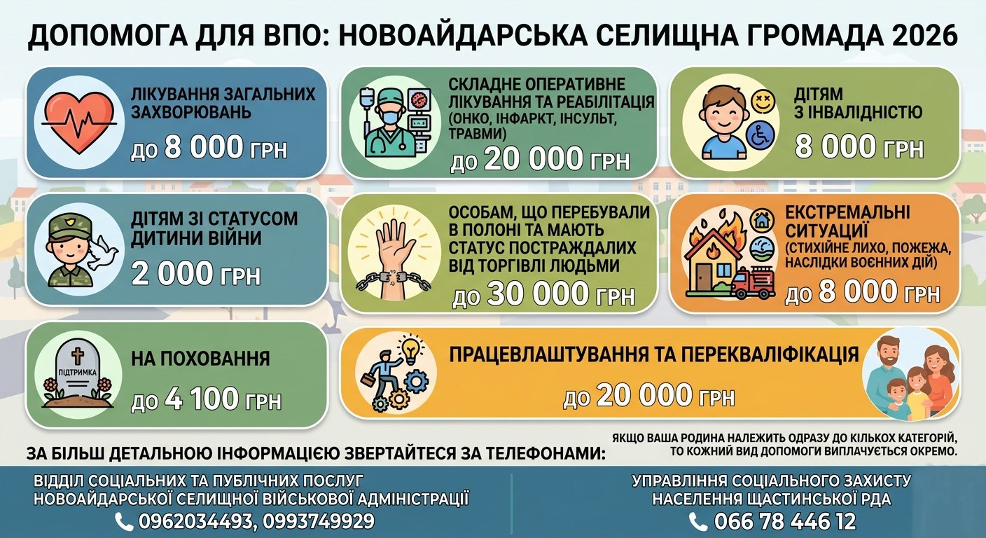 на світлому фоні за допомогою восьми кольорових карток із тематичними іконками (серце, медик, дитина, кайданки тощо) та чітких написів представлено перелік видів грошової допомоги для внутрішньо переміщених осіб у розмірі від 2 000 до 30 000 гривень, що охоплює витрати на лікування, підтримку дітей, допомогу постраждалим від полону, компенсації за екстремальні ситуації та витрати на поховання чи перекваліфікацію