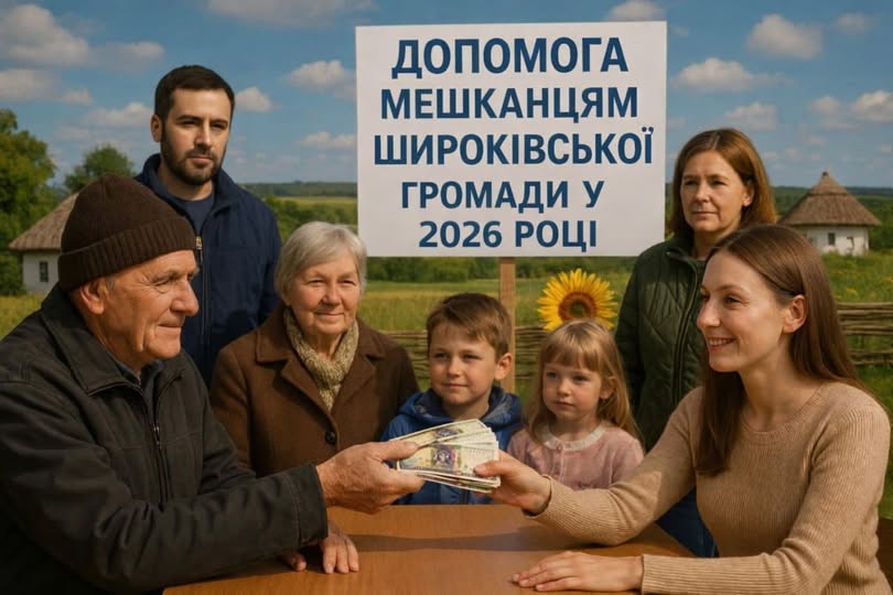 Група людей різних поколінь стоїть на фоні сільського пейзажу з традиційними хатами, де на передньому плані молода жінка передає пачку гривень літньому чоловікові за столом, а позаду них розміщено плакат із написом про допомогу мешканцям Широківської громади у 2026 році.