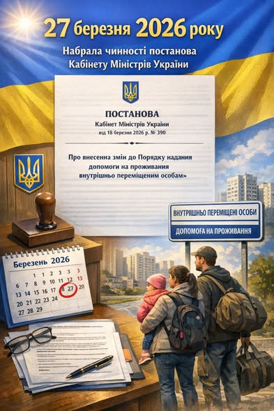 плакат повідомляє про набрання чинності 27 березня 2026 року постанови Кабінету Міністрів України № 390 щодо змін у порядку надання допомоги на проживання для ВПО, ілюструючи це зображенням офіційного документа, календаря та сім'ї переселенців на фоні міського пейзажу.