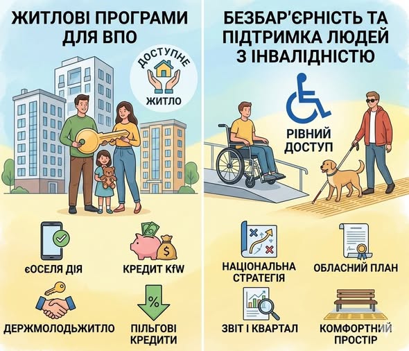 Інформаційна ілюстрація, розділена на два блоки, що висвітлюють житлові програми для ВПО через іконки сервісів «єОселя», «Держмолодьжитло» та кредитування, а також ініціативи з безбар'єрності та підтримки людей з інвалідністю