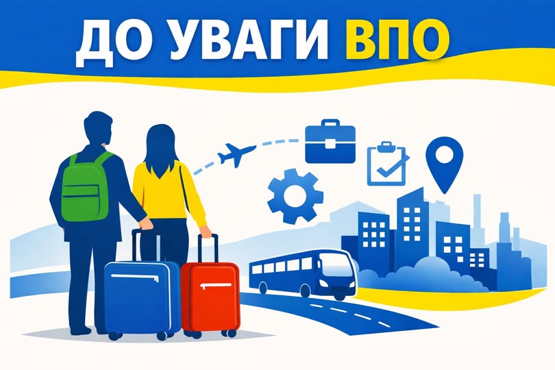 Зображення виконане у світлих тонах із використанням палітри українського прапора — синього та жовтого кольорів, з додаванням червоних та зелених акцентів. Вона має символічний характер і призначена для візуального супроводу оголошень для внутрішньо переміщених осіб (ВПО)