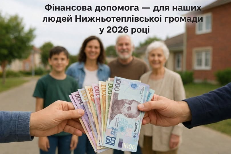 На передньому плані руки тримають віяло з українських банкнот (гривень) на фоні розмитого зображення усміхненої родини з трьох поколінь, що стоять біля будинку, з написом угорі про фінансову допомогу для Нижньотеплівської громади у 2026 році.