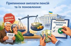 Інформаційна ілюстрація про припинення та поновлення пенсій зображує стурбовану літню пару поруч із терезами, на шальці яких лежать гроші, та руки, що тримають банкноти навпроти бланка з позначкою «Відновлення виплат» на фоні державної будівлі з прапором України.