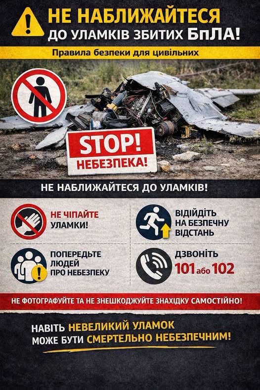плакат із заголовком «НЕ НАБЛИЖАЙТЕСЯ ДО УЛАМКІВ ЗБИТИХ БпЛА!» поєднує фотографію розбитого безпілотника на землі з попереджувальними знаками та чіткими інструкціями для цивільних: не чіпати уламки, відійти на безпечну відстань, попередити оточуючих та негайно телефонувати за номерами 101 або 102.