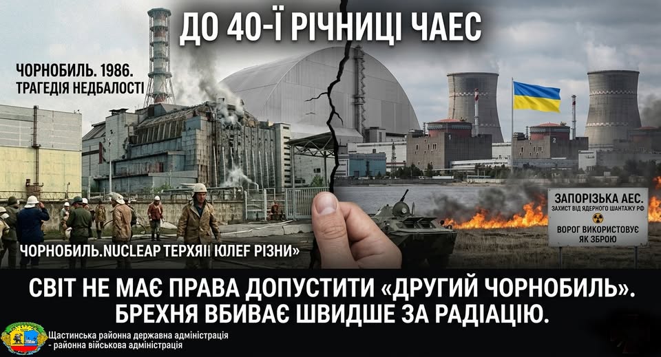 Колаж до 40-ї річниці аварії на ЧАЕС розділений тріщиною на дві частини: зліва — архівне фото зруйнованого четвертого енергоблока 1986 року з ліквідаторами, а справа — сучасний вигляд Запорізької АЕС із українським прапором, військовою технікою та палаючою травою, що супроводжується закликом не допустити нової катастрофи та попередженням, що брехня вбиває швидше за радіацію