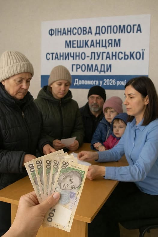 У приміщенні на фоні плаката про фінансову допомогу мешканцям Станично-Луганської громади у 2026 році жінка в блакитній сорочці видає гроші черзі людей, а на передньому плані в руці зафіксовано кілька купюр номіналом 500 гривень.