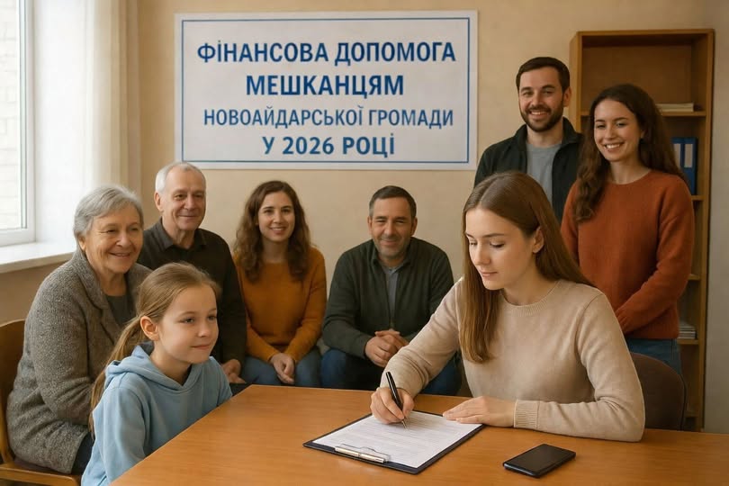 На світлині зображена група усміхнених людей різного віку в офісному приміщенні на фоні плаката «Фінансова допомога мешканцям Новоайдарської громади у 2026 році», де на передньому плані молода жінка підписує документи за столом поруч із дівчинкою.