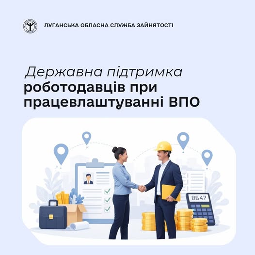 На світло-блакитному фоні з логотипом Луганської обласної служби зайнятості розміщено великий напис «Державна підтримка роботодавців при працевлаштуванні ВПО», під яким зображена ілюстрація ділового рукостискання жінки та чоловіка в касці на фоні стопок монет, великого резюме, калькулятора та офісного приладдя