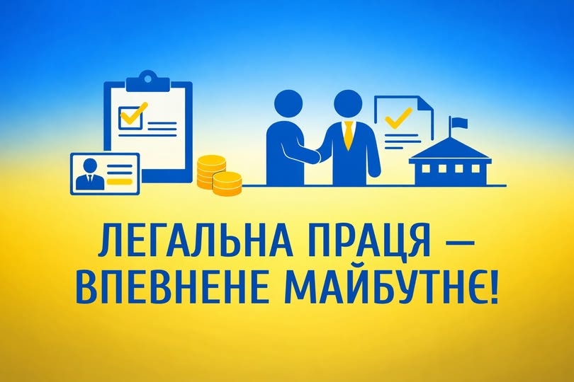 На плакаті з горизонтальним синьо-жовтим фоном у кольорах українського прапора розміщено темно-синій напис «ЛЕГАЛЬНА ПРАЦЯ — ВПЕВНЕНЕ МАЙБУТНЄ!» та ряд піктограм, що символізують офіційне працевлаштування: посвідчення особи, планшет із позначеним списком справ, стопку золотих монет, рукостискання роботодавця та працівника на фоні підписаного договору, а також будівлю державної установи з прапором