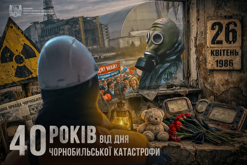 Цифровий плакат до 40-річчя Чорнобильської трагедії зображує людину в білій касці зі спини, яка дивиться на колаж зі зруйнованого реактора, нового саркофага, радянського мітингу та занедбаної кімнати з протигазом у вікні, календарем на 26 квітня 1986 року, плюшевим ведмедиком і червоними гвоздиками.