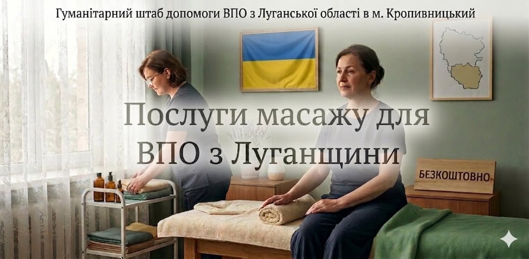 На фоні світлої кімнати з українським прапором та мапою на стіні зображено жінку, яка сидить на масажному столі, та іншу жінку біля вікна, а текстовий заголовок зверху та по центру повідомляє про безкоштовні послуги масажу для внутрішньо переміщених осіб з Луганщини у місті Кропивницький