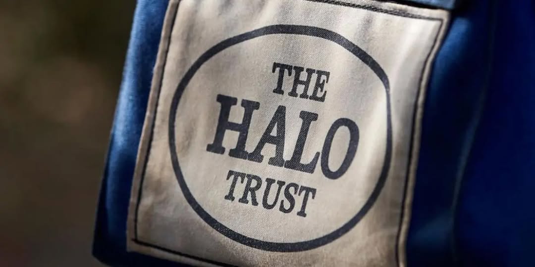 Макрофотографія нашивки міжнародної організації «The HALO Trust» на темно-синій тканині, де на світлому фоні всередині овальної рамки розміщено назву фонду великими друкованими літерами