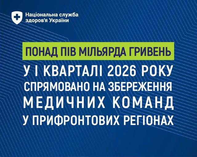 Ця інформаційна графіка на темно-синьому фоні з тонкими геометричними лініями містить логотип Національної служби здоров'я України та великий білий текст, де повідомляється, що понад пів мільярда гривень (виділено салатовим) у I кварталі 2026 року було спрямовано на збереження медичних команд у прифронтових регіонах.