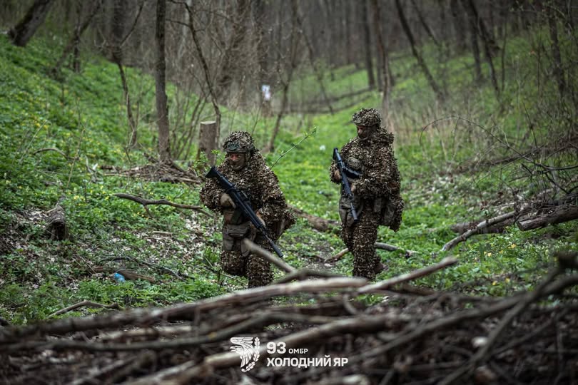 На фото двоє українських військових у маскувальних костюмах «гіллі», що імітують сухе листя та гілки, обережно просуваються лісистою місцевістю з гвинтівками в руках, а внизу зображення розміщено емблему та напис «93 ОМБр ХОЛОДНИЙ ЯР».