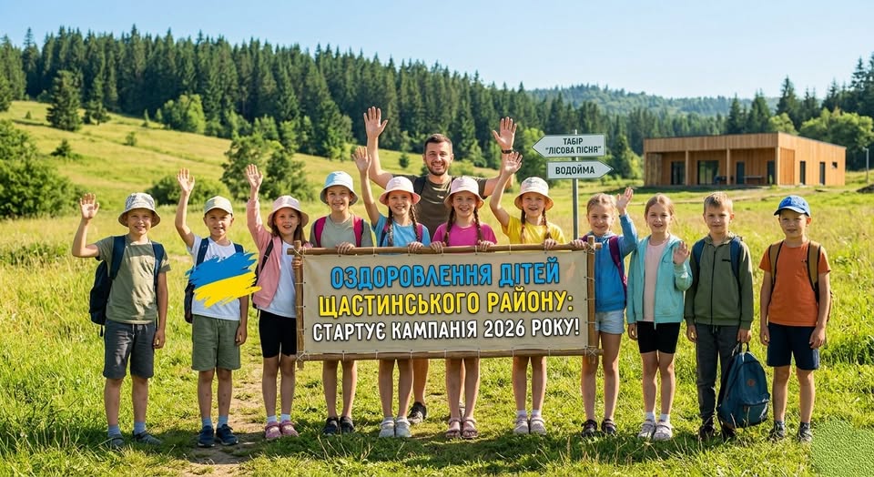 Група радісних дітей та дорослий чоловік махають руками на фоні мальовничого гірського пейзажу, тримаючи перед собою великий банер про старт кампанії з оздоровлення дітей Щастинського району 2026 року