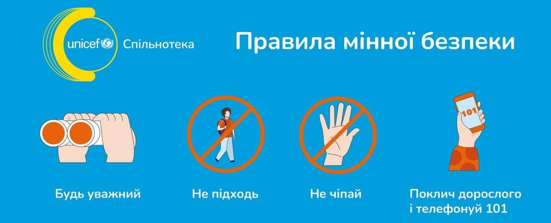 На синьому горизонтальному плакаті «Правила мінної безпеки» від UNICEF та Спільнотеки зображено чотири ілюстровані поради: руки з біноклем під написом «Будь уважний», перекреслена фігура людини — «Не підходь», перекреслена долоня — «Не чіпай» та рука зі смартфоном, що викликає службу 101, із закликом покликати дорослого.