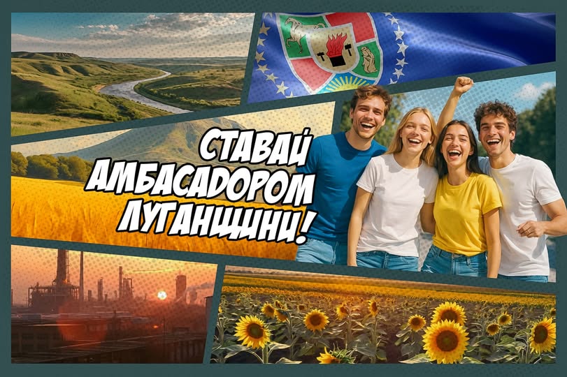 Колаж у стилі коміксів містить заклик «СТАВАЙ АМБАСАДОРОМ ЛУГАНЩИНИ!» на фоні пшеничного поля, оточений кадрами з усміхненою групою молоді, прапором Луганської області, краєвидом річки Сіверський Донець, промисловим заводом на заході сонця та полем яскравих соняшників.