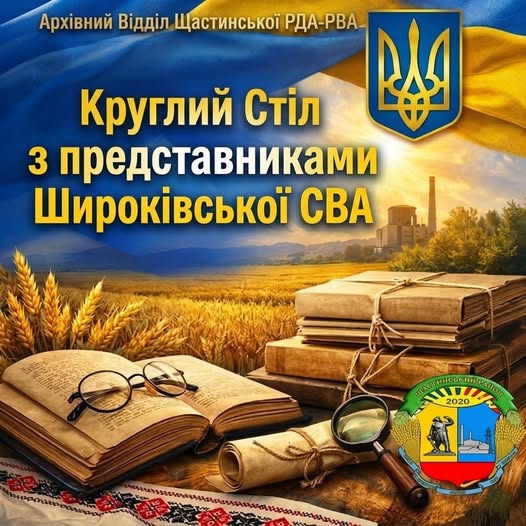 На патріотичному банері із синьо-жовтим прапором і гербом України у верхній частині та великим золотистим написом «Круглий Стіл з представниками Широківської СВА» зображено старовинні книги, окуляри, сувій і лупу на тлі стиглого пшеничного поля з промисловою будівлею вдалині, а також круглу емблему з датою «2020» у нижньому правому кутку
