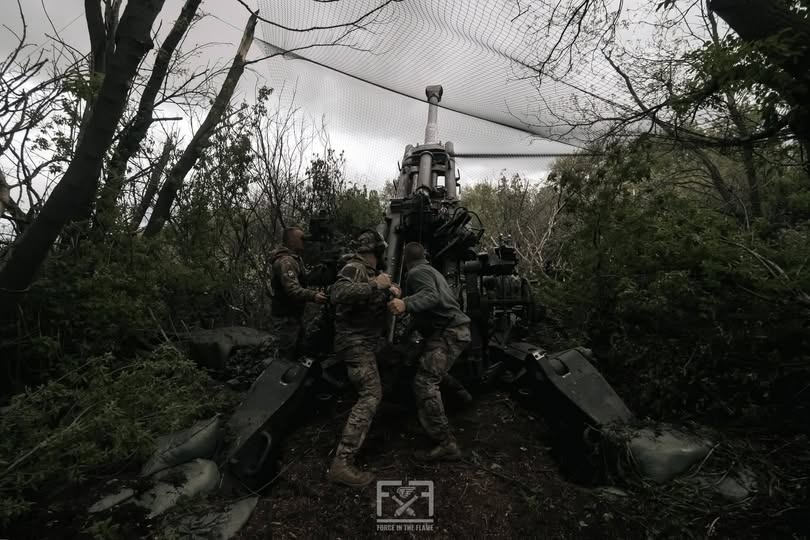 Військові в камуфляжі обслуговують велику артилерійську установку, що замаскована сіткою серед густих дерев та кущів під похмурим небом